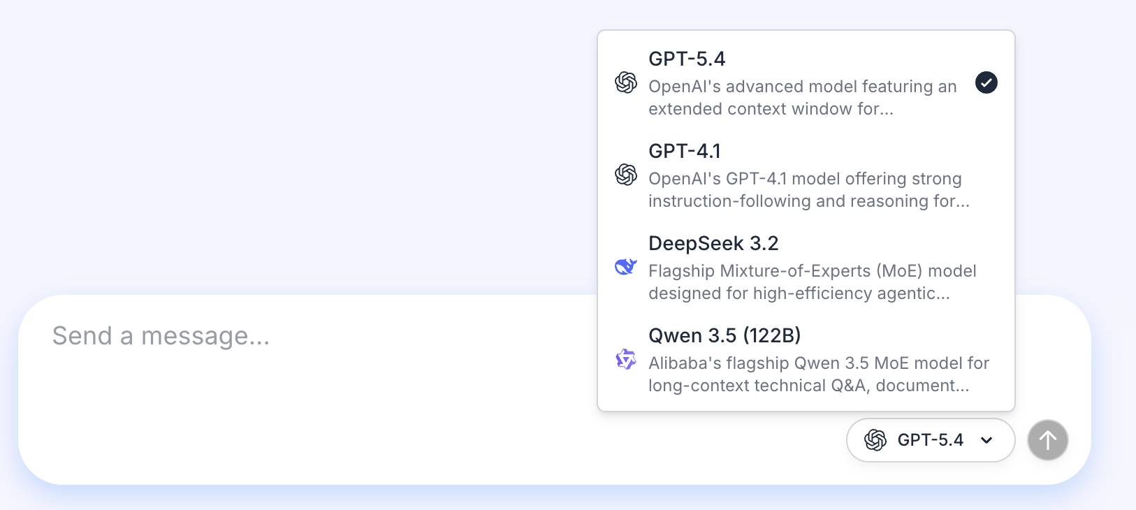 Model selector showing GPT-5.4 alongside other available models