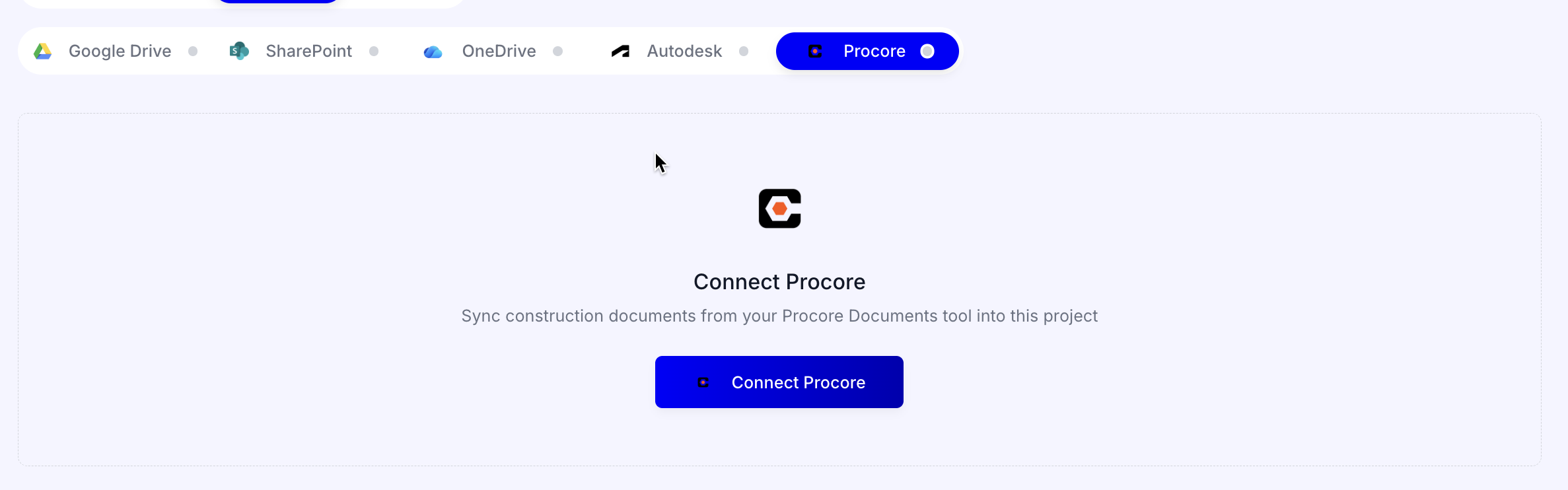 Procore connector setup screen in Pyramid AI