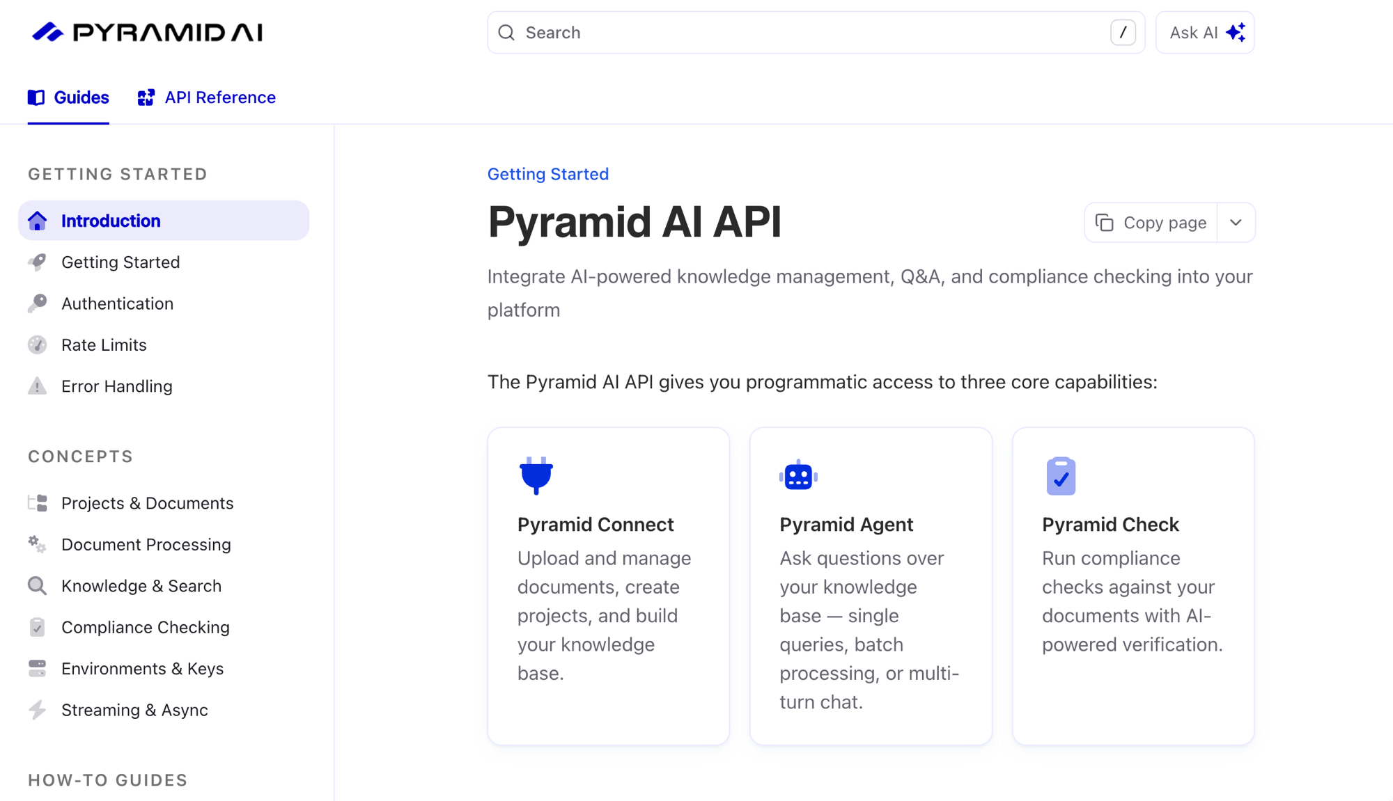 Pyramid AI API developer documentation showing Connect, Agent, and Check capabilities