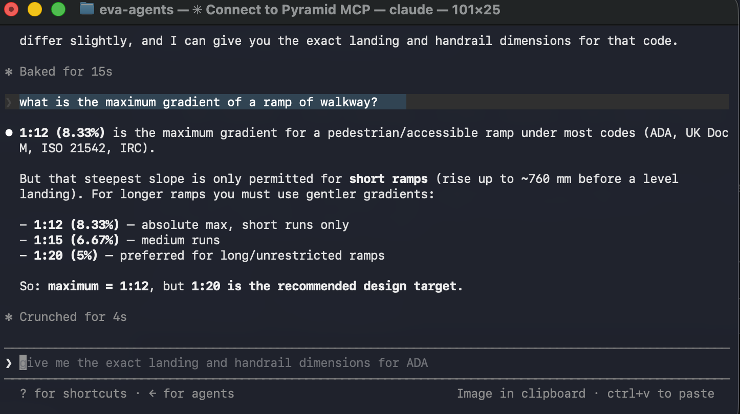 Claude Code connected to the Pyramid MCP server, answering a question about maximum ramp gradient with cited sources