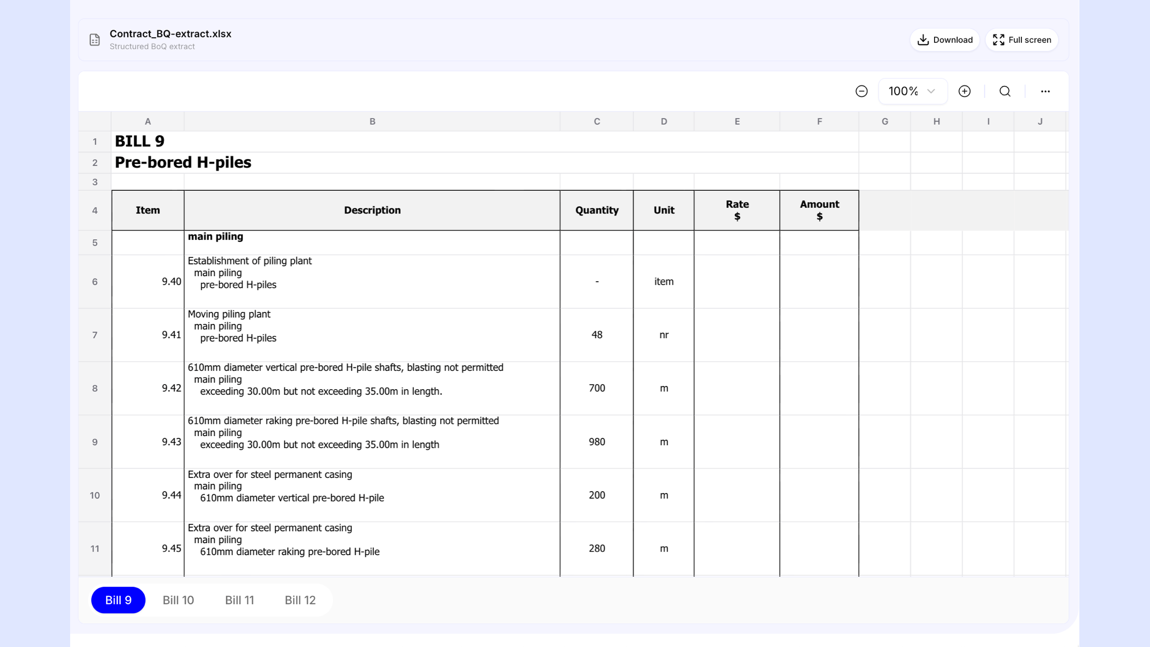Pyramid Extract view showing a Bill of Quantities converted to a formatted Excel sheet — BILL 9 Pre-bored H-piles with itemised rows (9.40–9.45), descriptions, quantities and units — with Download and Full screen controls and per-bill tabs