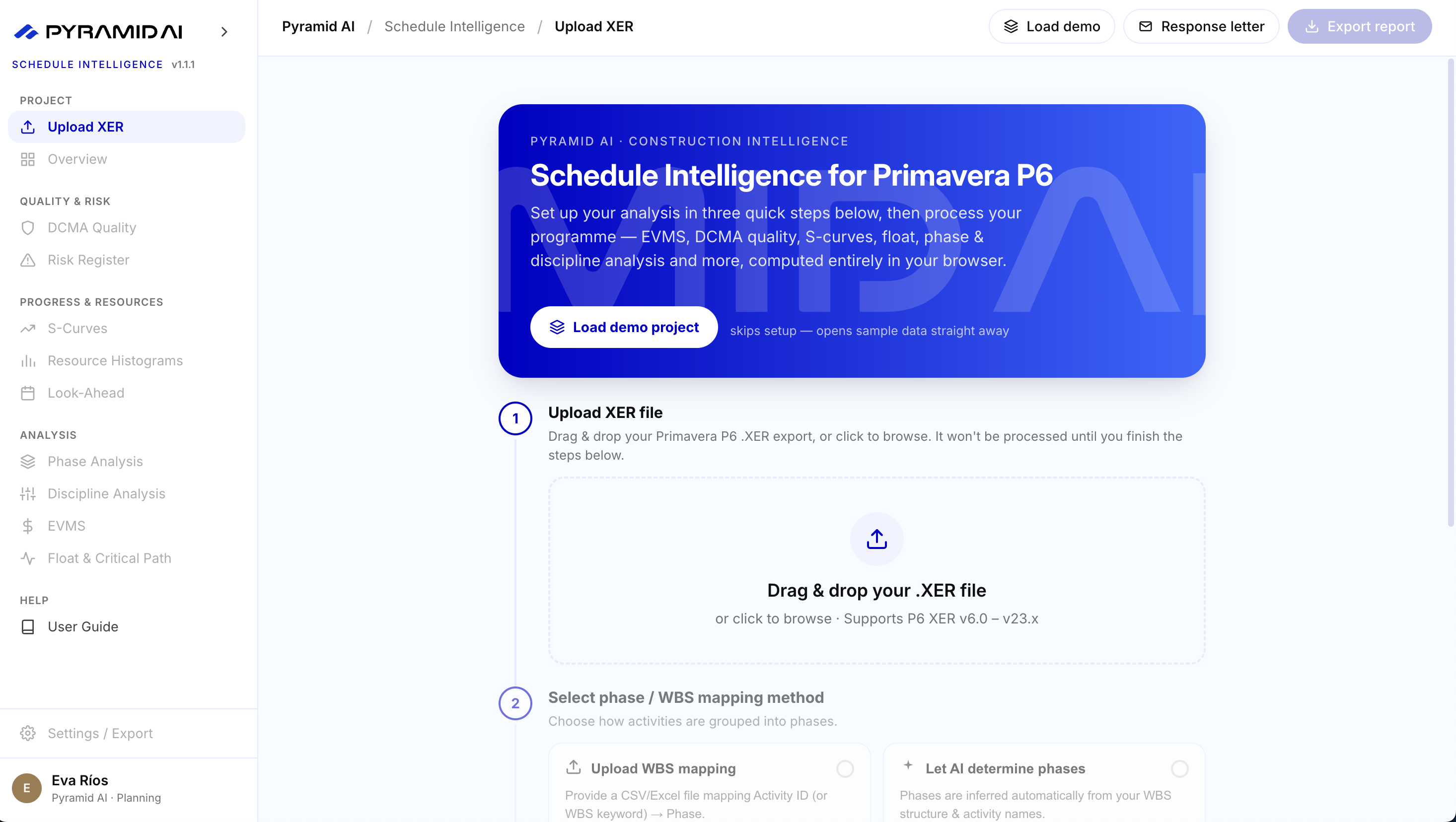 Pyramid Schedule Intelligence for Primavera P6: a three-step setup to upload a P6 .XER export and choose how activities are grouped into phases, alongside a sidebar of analyses including DCMA quality, risk register, S-curves, resource histograms, look-ahead, phase and discipline analysis, EVMS, and float and critical path