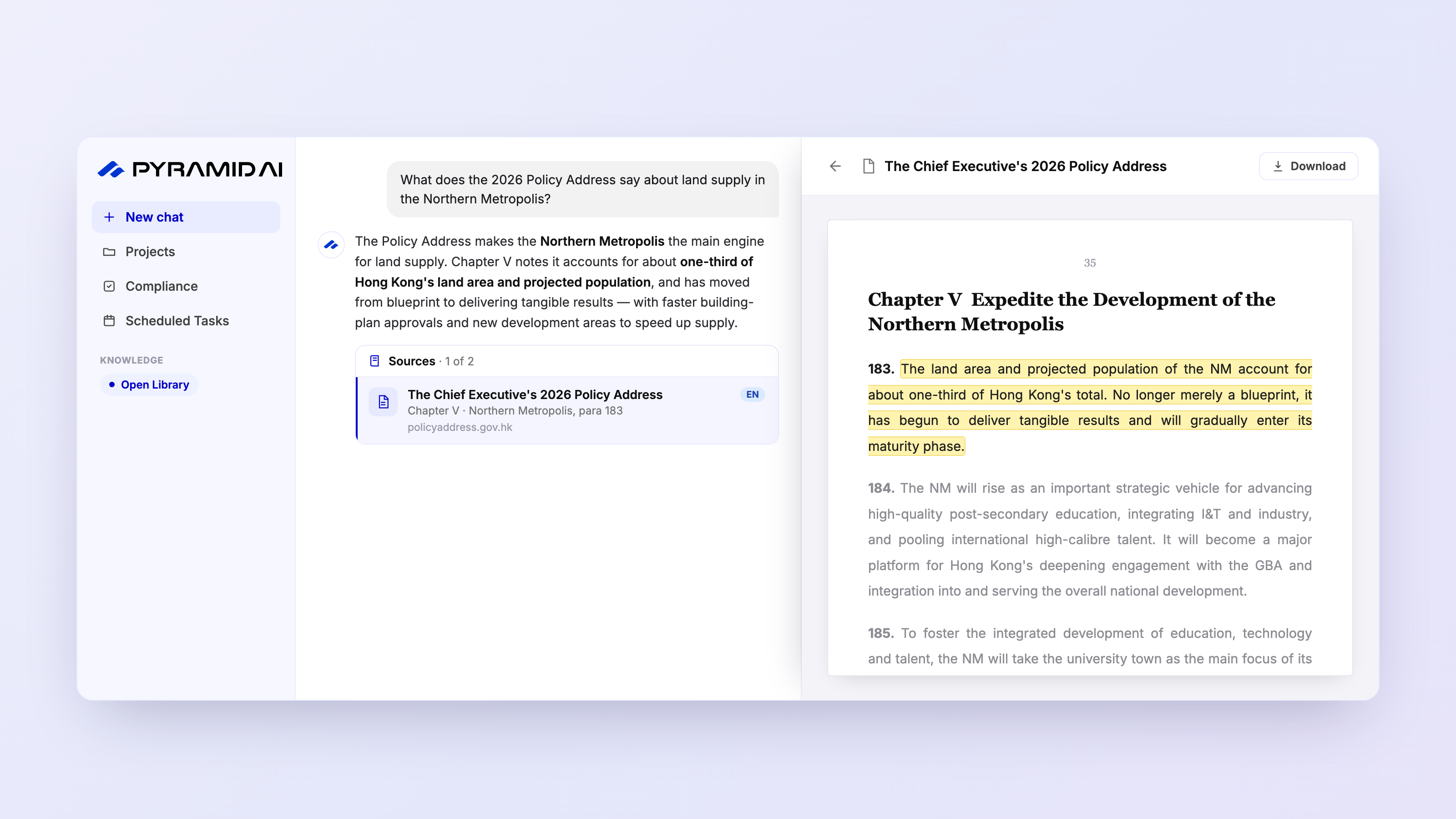 Pyramid Next Gen chat answering what the 2026 Policy Address says about land supply in the Northern Metropolis, with a cited answer and a Sources card — the selected source opens a side panel showing the Chief Executive's 2026 Policy Address itself, Chapter V, with the cited paragraph highlighted on the page and a download button